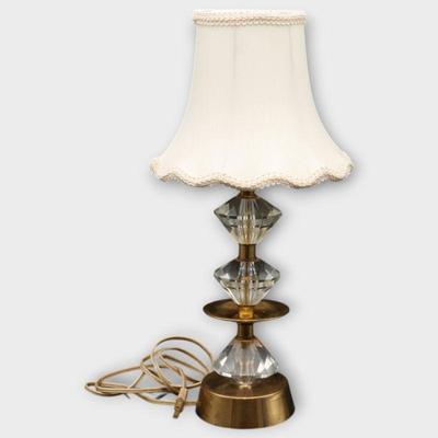 1940s Crystal & Brass Table Lamp w/ Morlee Shade