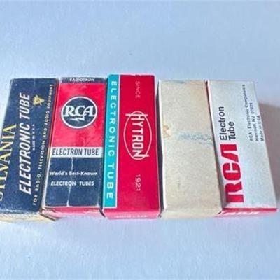 Collection of Five Boxed Electron Tubes from Various Manufacturers