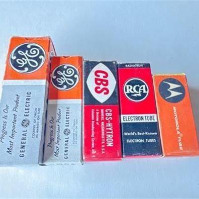 Collection of Electron Tubes in Original Boxes by GE, CBS, RCA, and Motorola