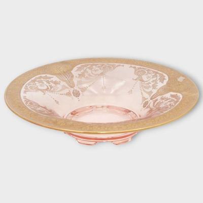 Vintage Fostoria Pink Glass Etched 24 KT Gilt Bowl
