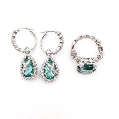 925 Silver Emerald Green CZ Ring and Drop Earrings Set