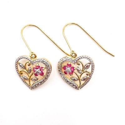 Gold-Tone Heart-Shaped Earrings with Pink and Clear Stones