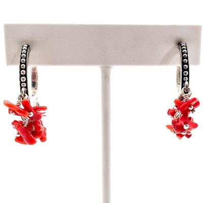 Silver Hoop Earrings with Red Cluster Accents