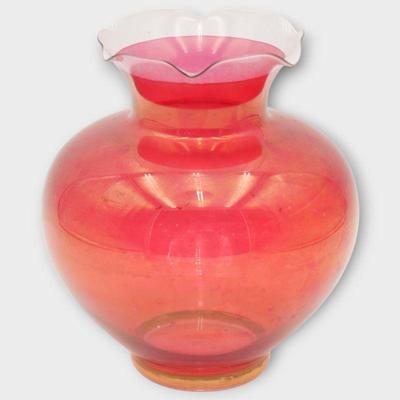 Ruffled Cranberry Gold Glass Vase w/ Iridescent Shine
