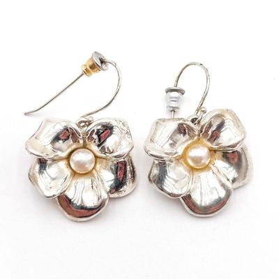 925 Sterling Silver Floral Earrings with Pearl Accents