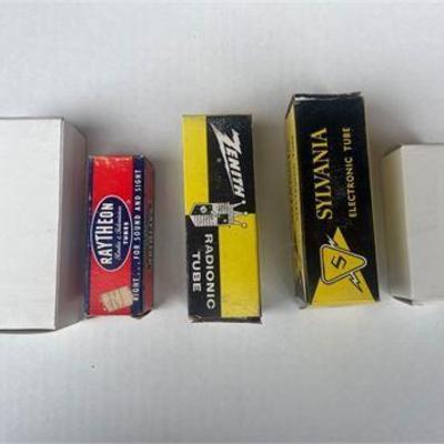 Set of Four Vintage Vacuum Tube Boxes: Raytheon, Zenith, and Sylvania