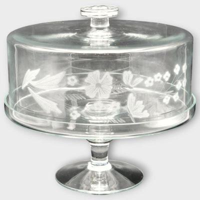 Vintage Hand Etched Pedestal Cake Stand w/ Dome