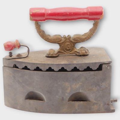 Antique German Coal Sad Iron w/ Red Wooden Handle