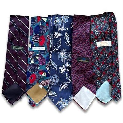Collection of Five Men’s Neck Ties in Various Patterns and Sizes
