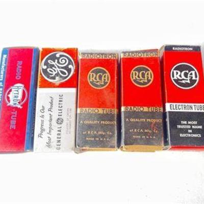 Collection of Five Vintage Radio Electron Tubes in Original Packaging