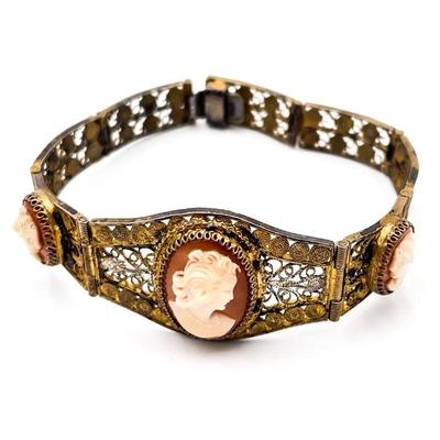 Antique 800 Silver Filigree Bracelet with Cameo Accents