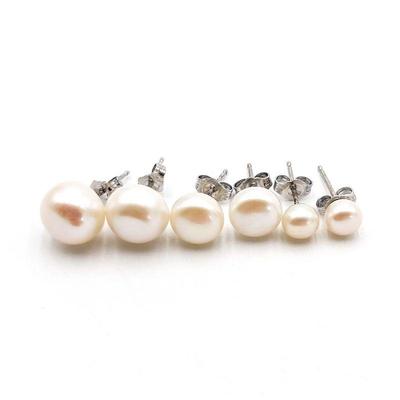 Set of 3 Pairs of White Pearl Stud Earrings