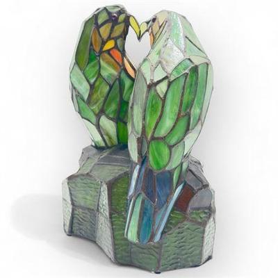Vintage Ting Shen Stained Glass Accent Lamp w/ Two Parrots
