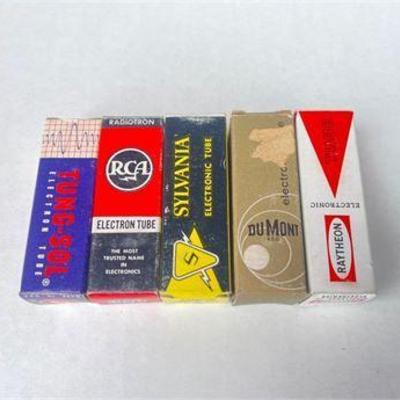 Lot of Five Electron Tubes: Tung-Sol, RCA, Sylvania, DuMont, and Raytheon