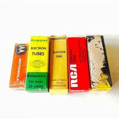 Collection of Five Electron Tube Boxes from Various Makers