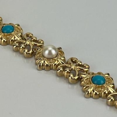 14k Yellow Gold Pearl & Turquoise Link Bracelet