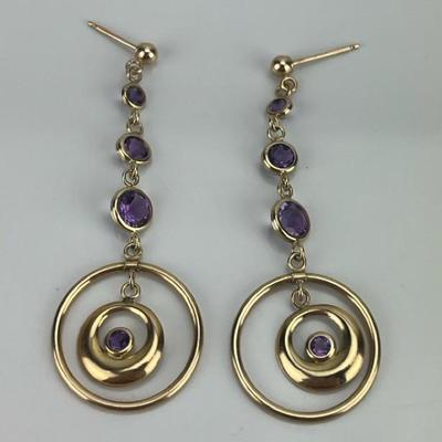 Pair of 10k Yellow Golf Amethyst Dangle Hoop Earrings