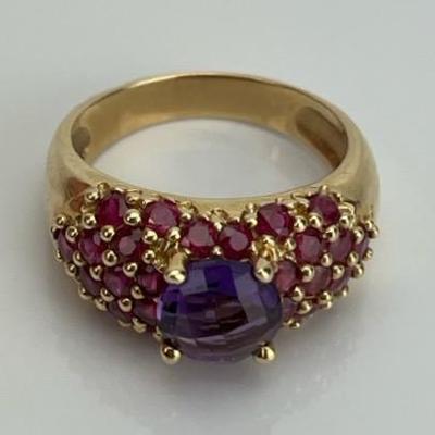 A 14k Yellow Gold 2 Carat Amethyst & Ruby Cluster Ring