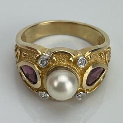 A 14k Yellow Gold 7mm Pearl & 1 TCW Pear-Cut Garnet Ring