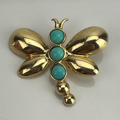 Italian 14k Yellow Gold Turquoise Dragonfly Pendant