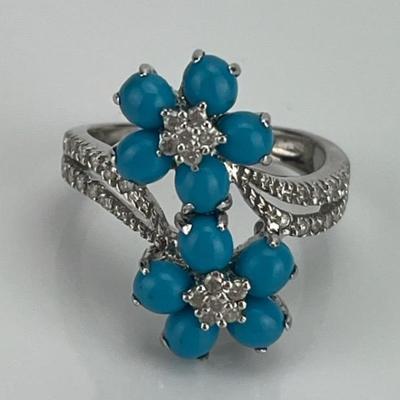14k White Gold Turquoise & Natural Diamond Floral-Themed Ring