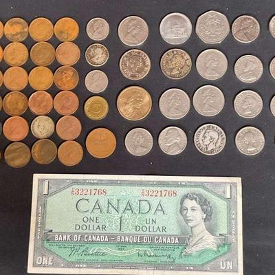 Mixed canadian and u s. coin collection with one canadian banknote