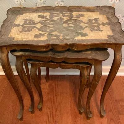 Set of three nested wood accent tables with painted tops