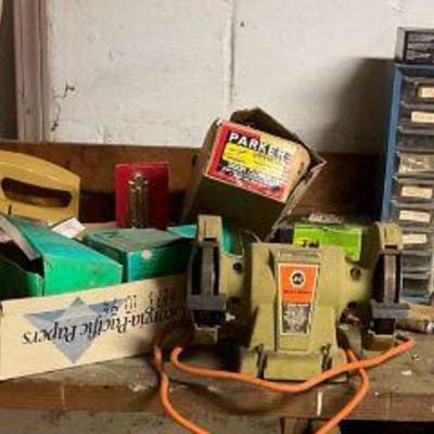 Wood workbench with tools and hardware