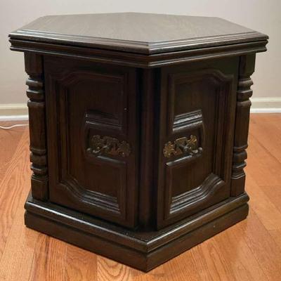 Hexagonal wood end table with cabinet storage