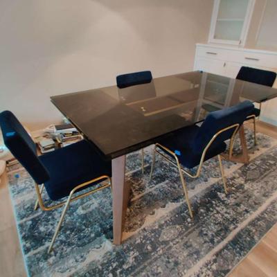 Modern Smokey Glass Top Dining Table & Blue Velour Chairs Set 