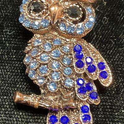 Gold Tone Blue Crystal Owl Brooch
