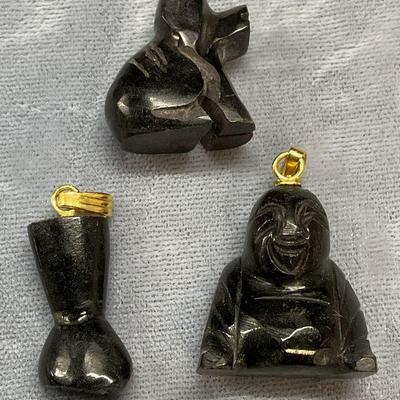 Lot 3 Vtg Black Stone Buddha, Dog, Hand Pendants
