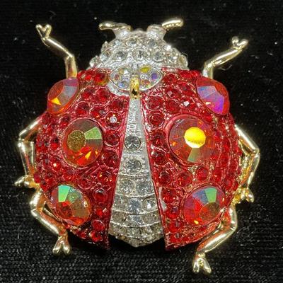 Gold Tone Enamel Crystal Ladybug Brooch
