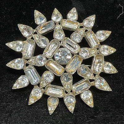 Vintage Silver Tone Crystal Flower Brooch
