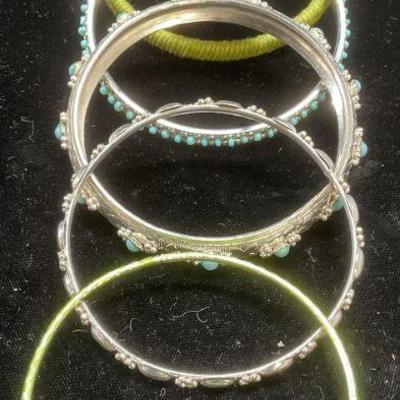 Lot 6 Silver Tone Faux Turquoise Bangles +
