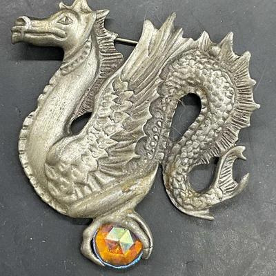 AJC Metal Dragon Clutching a Faceted Crystal Pin
