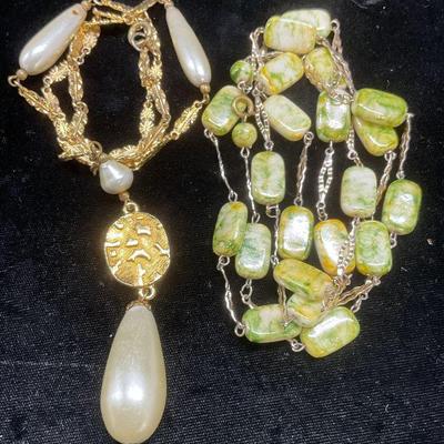 Lot 2 Gold Tn Faux Pearl & Stone Necklaces
