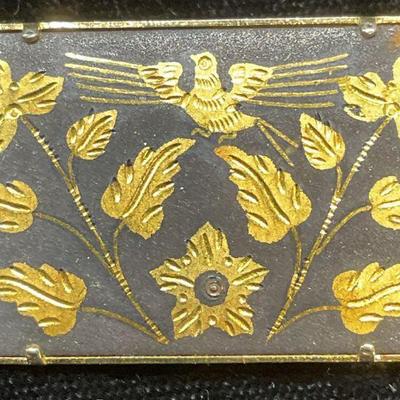 Vtg Damascene Style Gold Tn Black Bird Brooch
