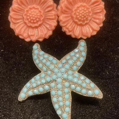 2 Faux Turquoise Starfish Brooch, Flower Earrings
