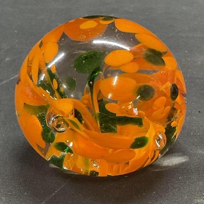 Hand Brown Orange & Green Art Glass Paperweight
