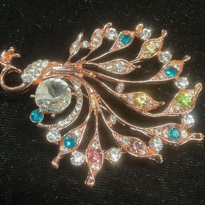 Rose Gold Tone Crystal Peacock Brooch
