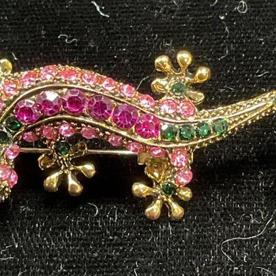 Gold Tone Pink Crystal Lizard Brooch

