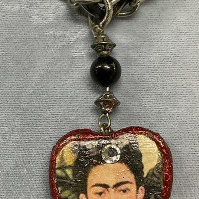 Vintage Silver Tone Frida Kahlo Pendant Necklace

