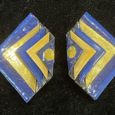 Vintage Blue & Gold Tn Geometric Lacquer Earrings
