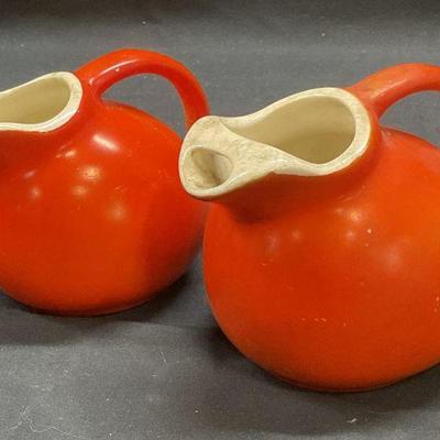 Lot 2 MCM Vtg Red Ceramic Creamer Pitchers
