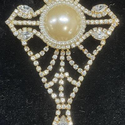 XL Gold Tn Faux Pearl Crystal Brooch, 4 In
