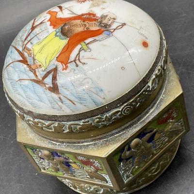 Hand Painted Asian Porcelain & Brass Trinket Box
