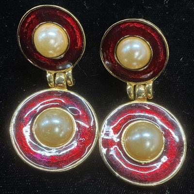 Vtg Gold Tn Red Enamel Faux Pearl Earrings
