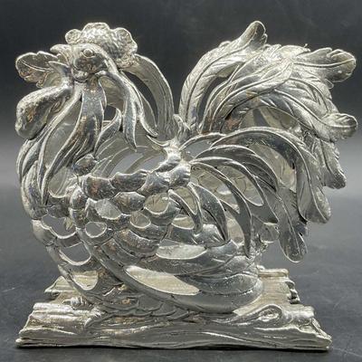 Vintage Silver Tone Metal Rooster Napkin Holder
