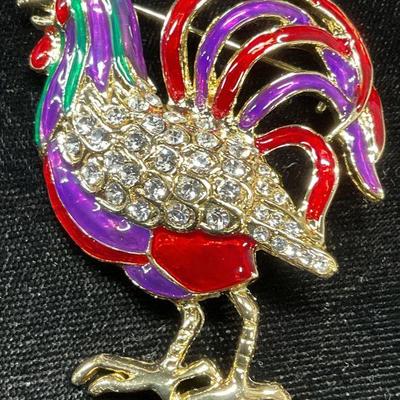 Ali Lang Gold Tone Crystal Rooster Brooch
